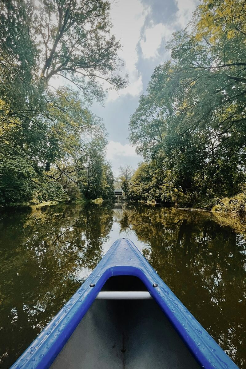 Proa de uma canoa azul deslizando por um rio calmo entre as árvores